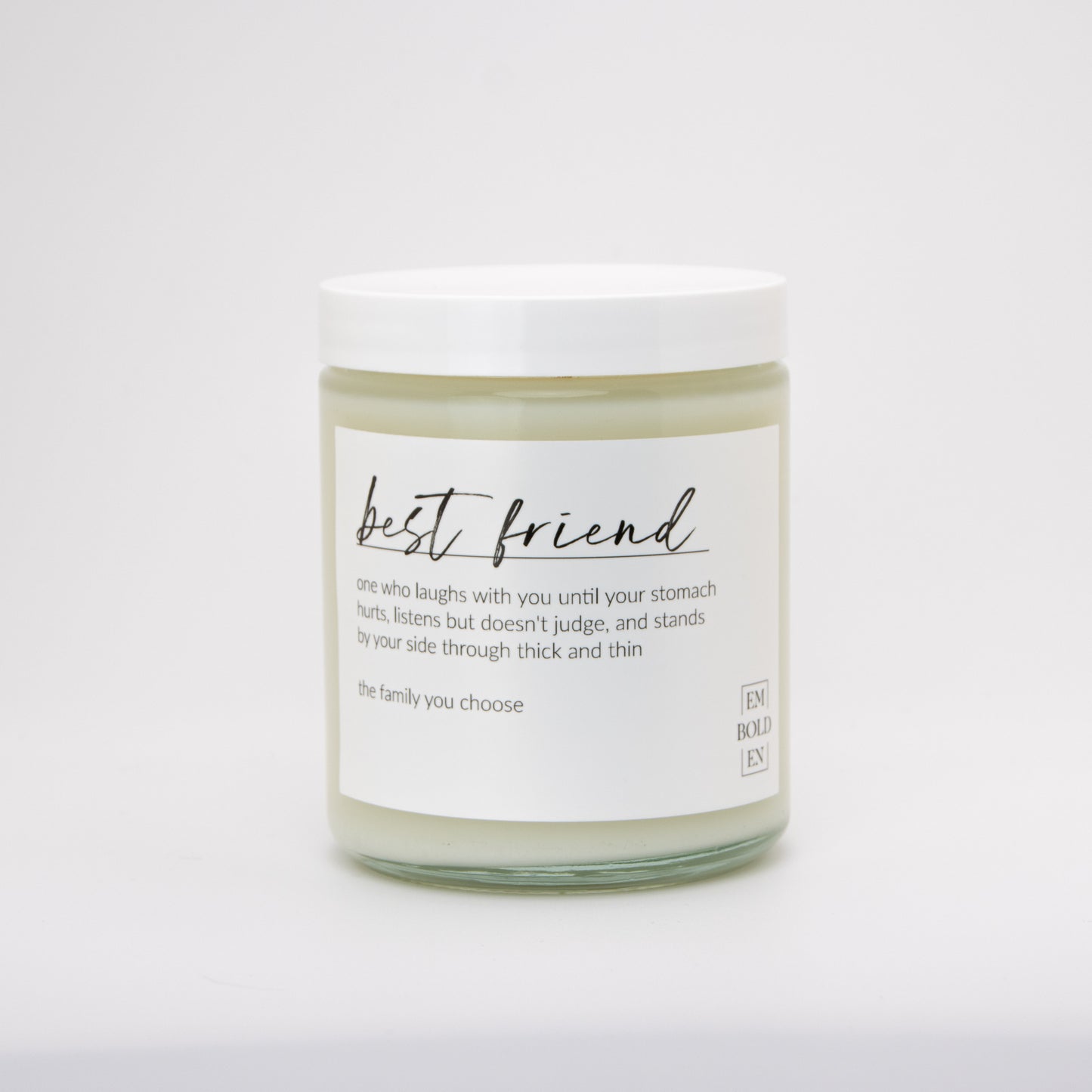 Cozy 'Best Friend' candle with a clean-burning soy wax blend, perfect for friendship gifts.