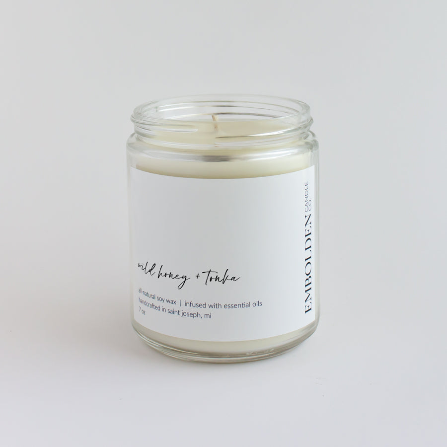 Wild Honey and Tonka' candle in a clean-burning soy wax blend, offering a rich, comforting fragrance.