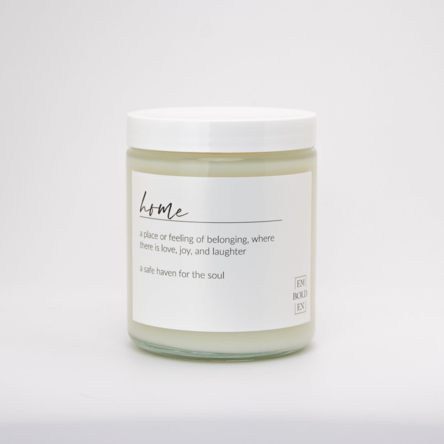 Cozy 'Home' candle with a clean-burning soy wax blend, perfect for relaxation.