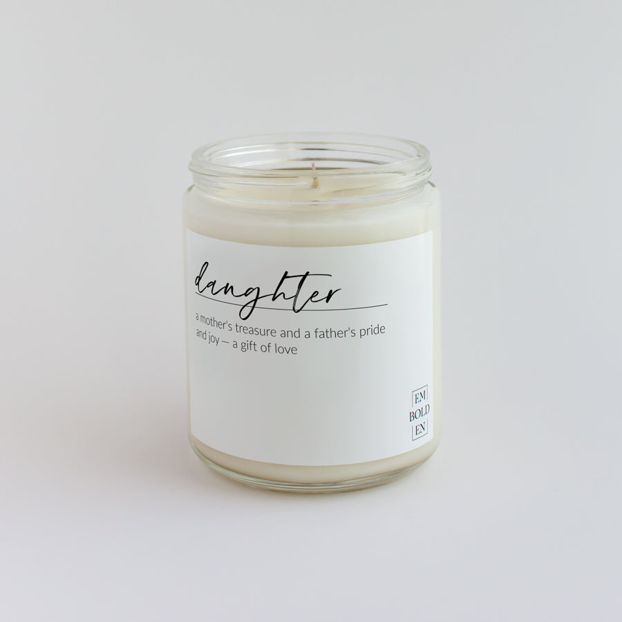 'Daughter' candle in a clean-burning soy wax blend, perfect for gifting to your loved one.